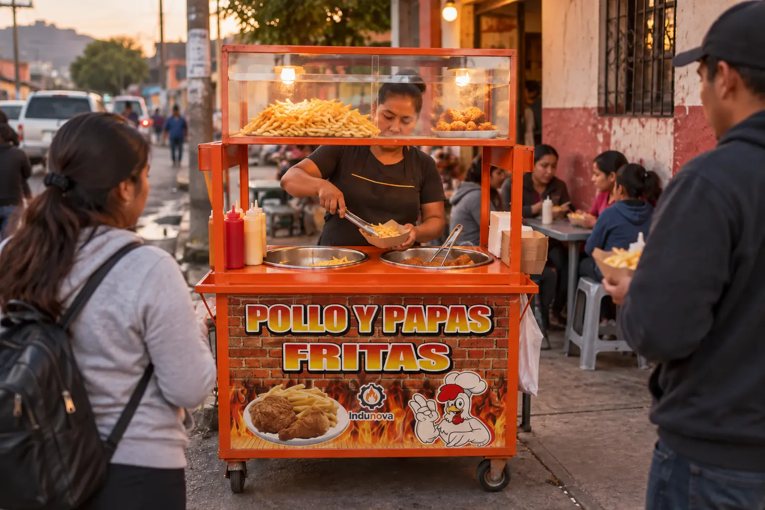 Carreta Indunova con gráfica de pollo y papas fritas en operación