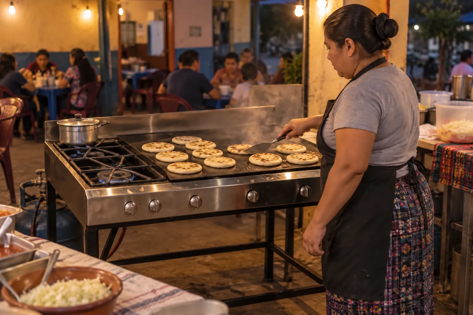Estufa industrial Indunova utilizada para preparar pupusas en Guatemala